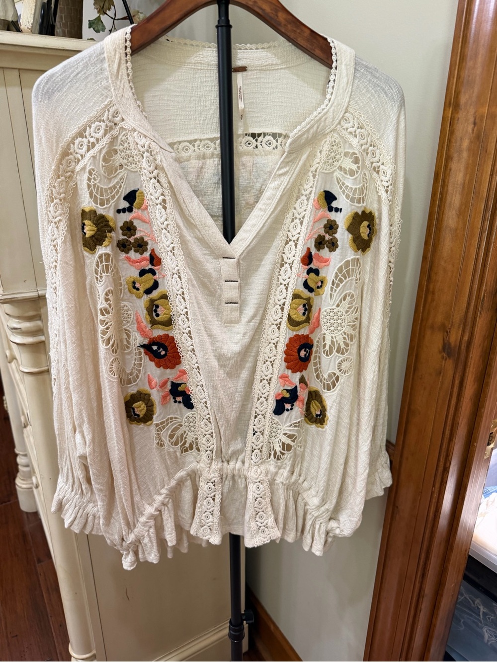 Free People Cream Tunic with Multicolor Floral Embroidery